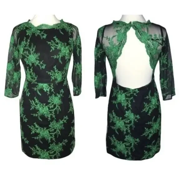 Hailey By Adrianna Papell Evening Dress Green Lace Embroidery Long Sleeve Sz-8 - Picture 11 of 16
